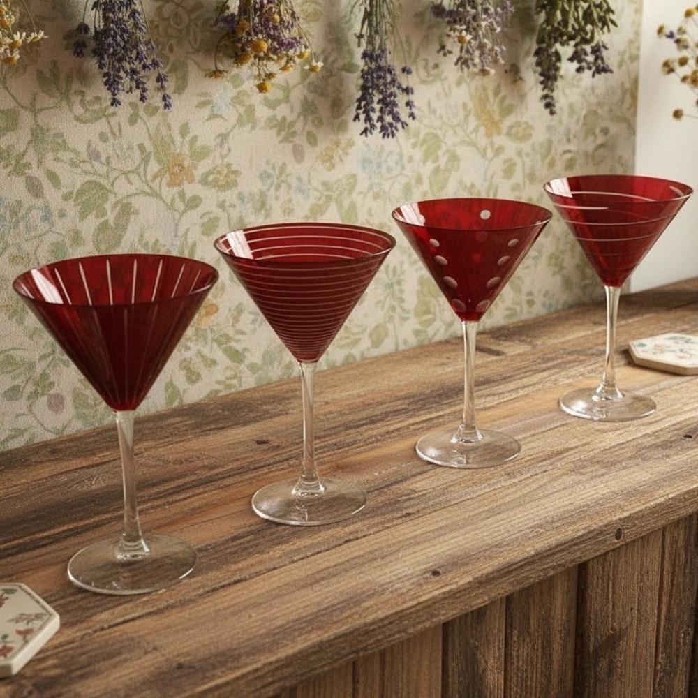 Mikasa "Cheers" Red Martini‎ Glasses, Set of 4, Vintage Lead Free Etched Crystal